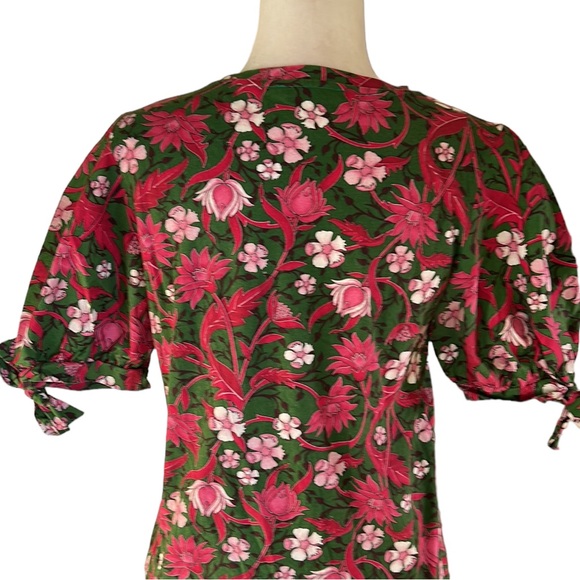 Zara Pink & Green Floral Cotton Bow Tie Puff Short Sleeve Cropped Top - M - Picture 10 of 15